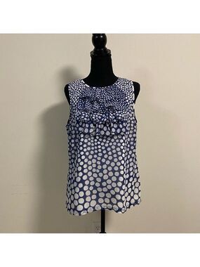 Trina Turk Sleeveless Ruffled Blouse Blue & White Polka Dots Size Large